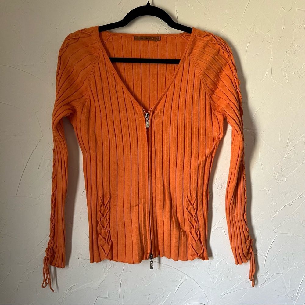 Belldini y2k Orange V-Neck Two-Way Zip Sweater Fairy Grunge‎ 2000s Ribbed Size M